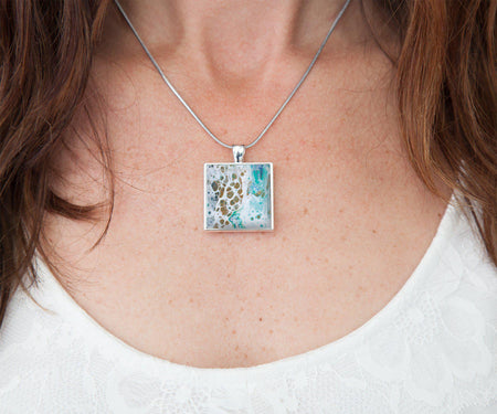 necklace with square abstract art pendant