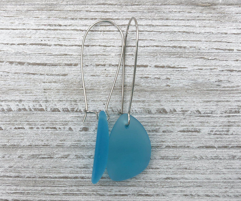 Gulf Blue Sea Glass Tear Drop Long Dangle Earrings | Beach Jewelry