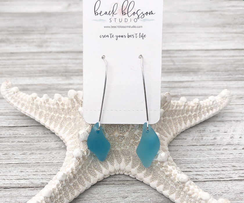 Gulf Blue Sea Glass Wave Long Dangle Earrings | Beach Jewelry