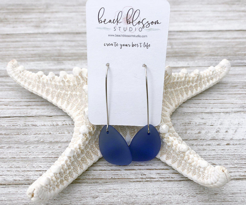 Cobalt Sea Glass Tear Drop Long Dangle Earrings | Beach Jewelry