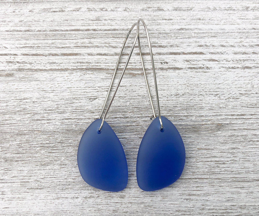 Cobalt Sea Glass Tear Drop Long Dangle Earrings | Beach Jewelry