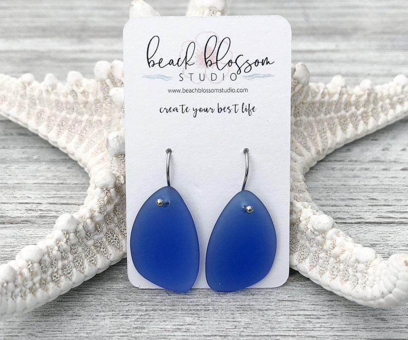 Cobalt Sea Glass Tear Drop Dangle Earrings | Beach Jewelry