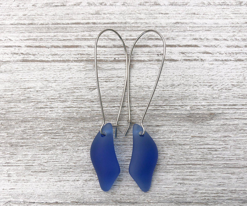 Cobalt Sea Glass Wave Long Dangle Earrings | Beach Jewelry