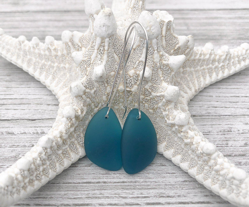 Teal Sea Glass Tear Drop Long Dangle Earrings | Beach Jewelry