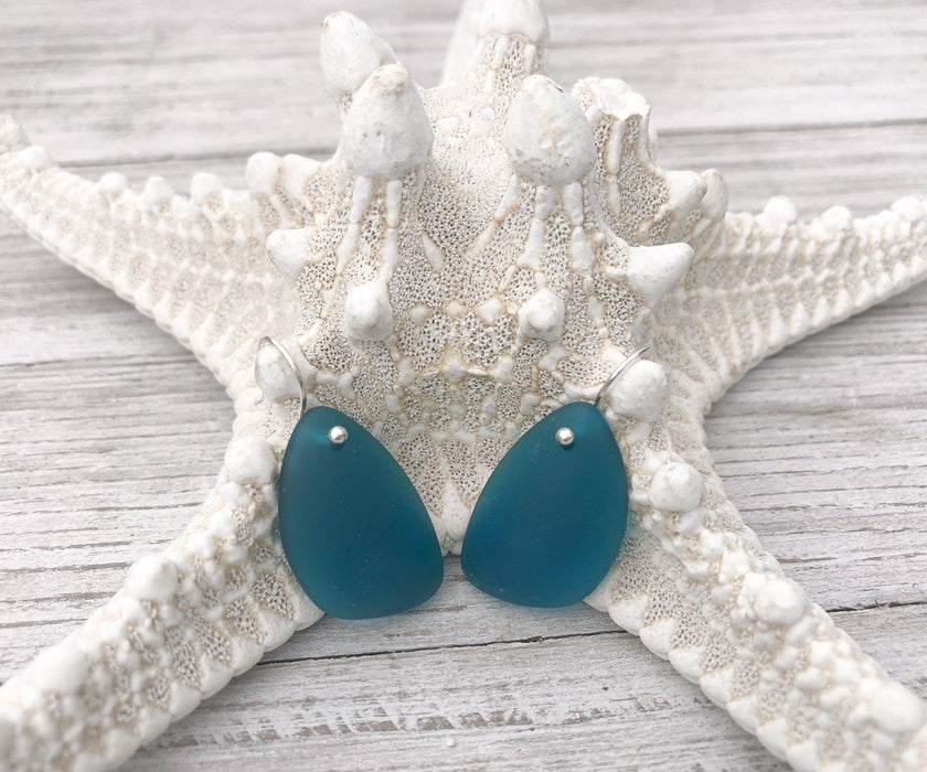 Teal Sea Glass Tear Drop Dangle Earrings | Beach Jewelry