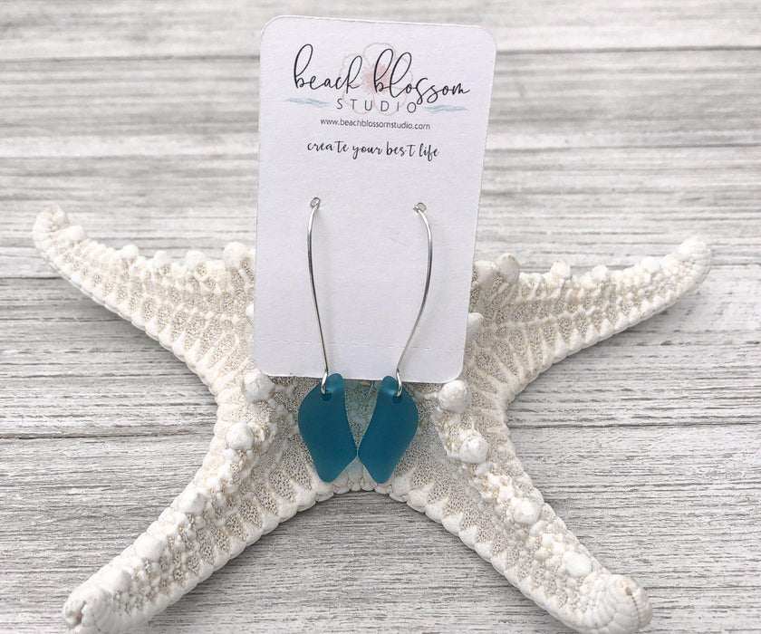 Teal Sea Glass Wave Long Dangle Earrings | Beach Jewelry