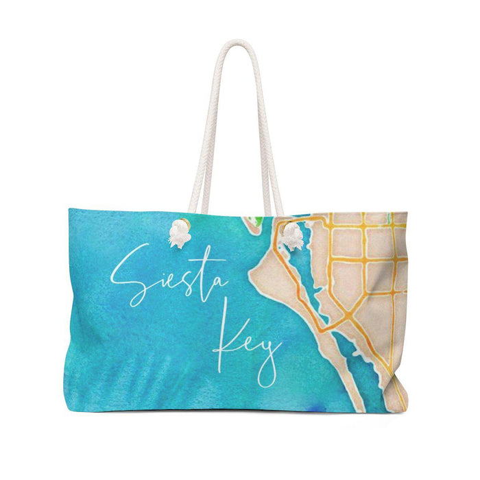 Siesta Key Watercolor Map Weekender Bag with Sapphire Shores Back