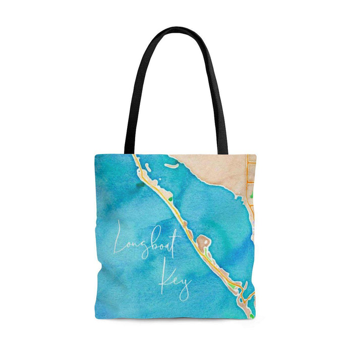 Longboat Key Watercolor Map Tote with Teal Waves Back