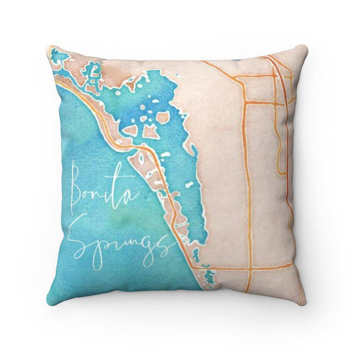 Bonita Springs Watercolor Map Pillow with Sapphire Shores Back